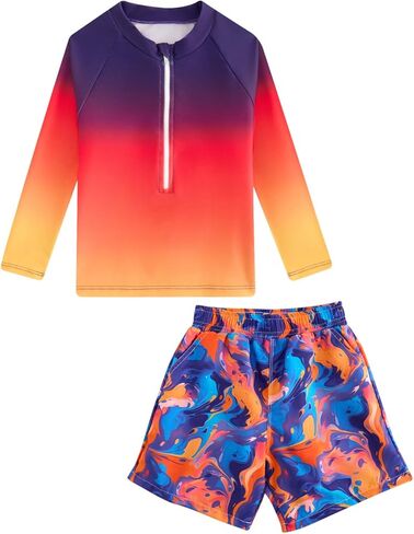 Boys Rash Guard Swimsuits 2 Piece Swim Set Zipper Long Sleeve Bathing Suit with Swim Trunks 3-12Y in Saudi Arabia