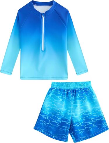 Boys Rash Guard Swimsuits 2 Piece Swim Set Zipper Long Sleeve Bathing Suit with Swim Trunks 3-12Y in Saudi Arabia