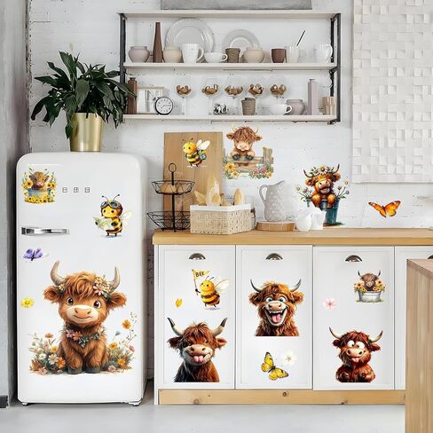Funny Highland Cow Wall Sticker-Removable Highland Cow Decal Peel and Stick for Kids Baby Bedroom Nursery Playroom Bathroom Living Room Wall Decor(Cow&Flowers) in Saudi Arabia