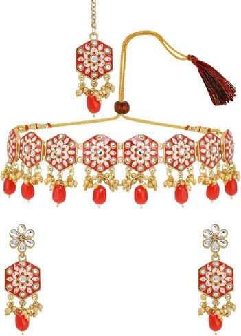 Efulgenz Indian Kundan Bridal Jewelry Set Faux Kundan Crystal Choker Necklace Jhumka Earrings With Kundan Maang Tikka Head Chain Bollywood Fashion Wedding Bridal Jewelry For Women in Kuwait