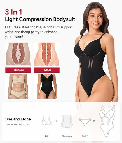 Nebility Shapewear Bodysuits for Women Tummy Control Slimming V Neck Shapewear Bodysuit Thong Body shaper with Underwire in Saudi Arabia