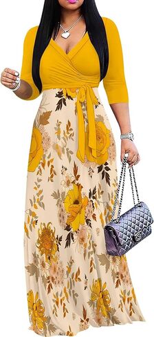 PinkPatty Women's Plus Size Maxi Dresses 3/4 Sleeves Bohemian Long Dress Printed Swing Dress with Belt in Kuwait