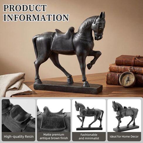 Polystone Horse Statue Home Decor Decorative Prancing Horse Sculpture Vintage Traditional Decorative Statue Desktop Home Decoration, 11" x 3.6" x 11", Brown in Saudi Arabia
