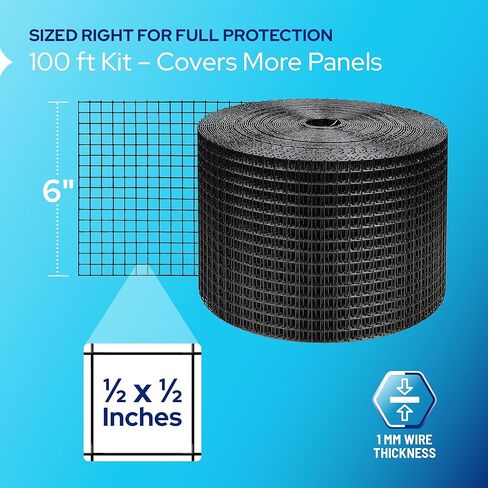 KASTLITE Solar Panel Bird Guard Mesh Kit - 6in x 100ft PVC Coated Galvanized Wire Screen, 100 Stainless Clips, Pliers & Gloves - No Drill Critter Shield, Rodent Barrier Fence for Under Panels, Black in Kuwait