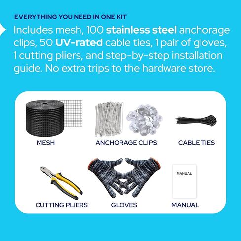 KASTLITE Solar Panel Bird Guard Mesh Kit - 6in x 100ft PVC Coated Galvanized Wire Screen, 100 Stainless Clips, Pliers & Gloves - No Drill Critter Shield, Rodent Barrier Fence for Under Panels, Black in Kuwait