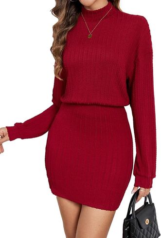 Women's Sweater Dresses Fall Winter 2024 Casual Long Lantern Sleeve Turtleneck Ribbed Knit Mini Short Knitted Dress 696 in Saudi Arabia
