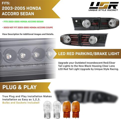 USR DEPO 03-05 Accord UPGRADE JDM Black Housing LED ترقية المصابيح الخلفية (يسار + يمين) متوافقة مع 2003-2005 Honda Accord 4 Door Sedan (عدسة سوداء شفافة، التوصيل والتشغيل، مجموعة 4 أجهزة كمبيوتر) in Saudi Arabia