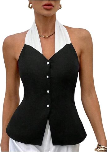 OYOANGLE Women's Button Up Dressy Halter Shirt Button Up Open Back Sleeveless Blouse in Saudi Arabia