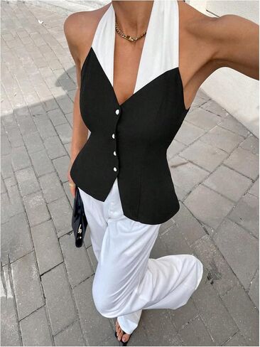 OYOANGLE Women's Button Up Dressy Halter Shirt Button Up Open Back Sleeveless Blouse in Saudi Arabia