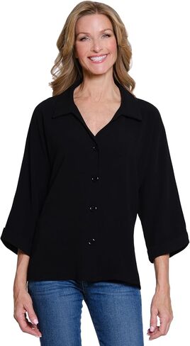 MULTIPLES Womens Clothing | Turn-Up Cuff Dolman Sleeve Y-Neck Button Front Shirt | Dressy & Casual Clothing for Women in Saudi Arabia