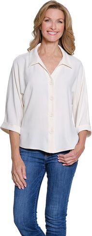 MULTIPLES Womens Clothing | Turn-Up Cuff Dolman Sleeve Y-Neck Button Front Shirt | Dressy & Casual Clothing for Women in Saudi Arabia