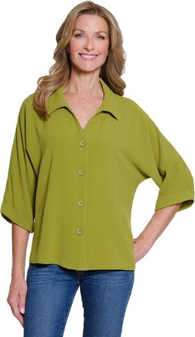 MULTIPLES Womens Clothing | Turn-Up Cuff Dolman Sleeve Y-Neck Button Front Shirt | Dressy & Casual Clothing for Women in Saudi Arabia
