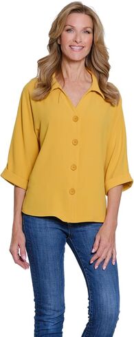 MULTIPLES Womens Clothing | Turn-Up Cuff Dolman Sleeve Y-Neck Button Front Shirt | Dressy & Casual Clothing for Women in Saudi Arabia