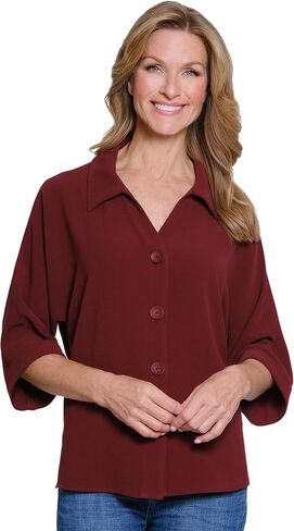 MULTIPLES Womens Clothing | Turn-Up Cuff Dolman Sleeve Y-Neck Button Front Shirt | Dressy & Casual Clothing for Women in Saudi Arabia