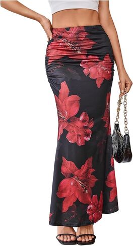 Milumia Women's Floral Print Ruched Long Skirt Stretch Bodycon Elegant Skirts in Saudi Arabia