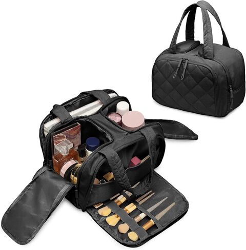 Travel Toiletry Bag, Large Quilted Cosmetic Organizer with Water-Resistant PVC & Mesh Pockets, Makeup Bag for Weekend Trip and Business Travel Essentials (Pink) in Saudi Arabia