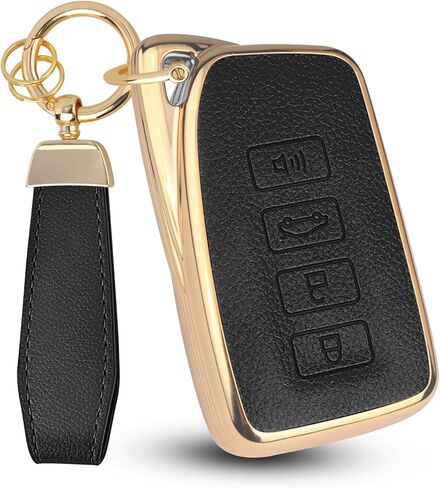 QBUC لغطاء مفتاح Lexus Key Fob مع سلسلة مفاتيح، جلد علوي + حافظة مفاتيح سيارة ناعمة من مادة TPU لسيارة Lexus 2015-2021 ES IS GS NX LS RX RC GX LX 570 200 250 350 460 300 F 450h 600h، 4 أزرار (أسود) in Saudi Arabia