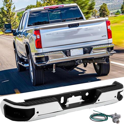 مجموعة المصد الخلفي من الفولاذ لـ 2019-2025 Chevy Silverado 1500 & GMC Sierra 1500 بدون عادم مزدوج مع فتحات مستشعر بارك استبدال المصد الخلفي من الكروم لـ GM1103211 in Kuwait