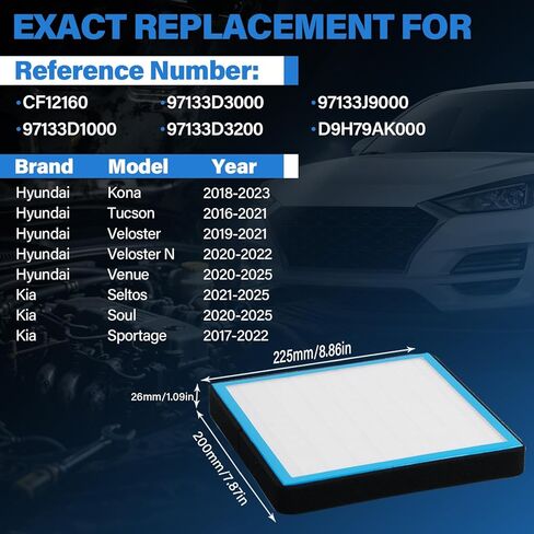 فلتر هواء المقصورة CF12160 مع الكربون المنشط متوافق مع Hyundai Tucson 2016-2021، Kona 2018-2023، Venue، Veloster ومتوافق مع Kia Sportage 2017-2022، Seltos، Soul-OE يستبدل 97133-D1000 in Saudi Arabia