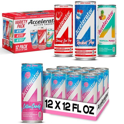 Accelerator Active Energy Drink Sugar Free Zero Carbs – Variety Pack & Cotton Candy, 12oz Can (12 Pack Each) with 200mg Natural Caffeine, Ashwagandha, CoQ10 & Green Tea for Focus & Energy in Saudi Arabia