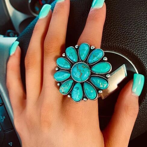 Boho Turquoise Western Jewelry for Women Dainty Country Cowboy Cowgirl Large Open Rings Fashion Big Round Natural Stone Knuckle Ring Statement Jewelry in Kuwait