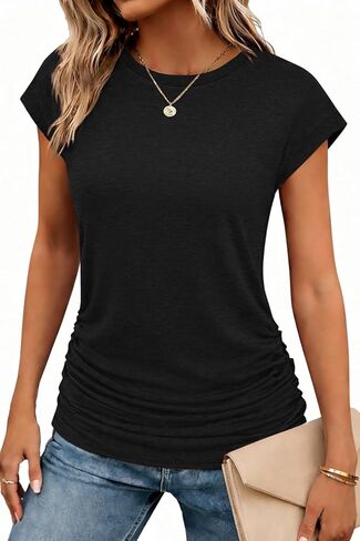 Zeagoo إمرأة تي شيرت كم كاب Ruched قمم Crewneck الأعمال المحملة بلوزة الأساسية لينة عارضة تونك 2025 الملابس S-3XL in Saudi Arabia