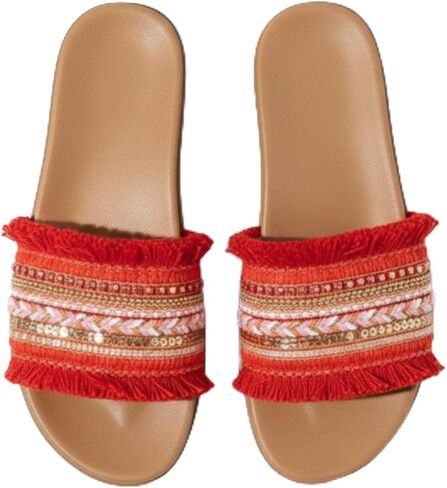 Women's Boho Flat Sandals Beaded Fringe Slide Slippers Ethnic Roman Summer Beach Shoes Casual Open Toe Slip On Flip Flops in Saudi Arabia