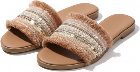 Women's Boho Flat Sandals Beaded Fringe Slide Slippers Ethnic Roman Summer Beach Shoes Casual Open Toe Slip On Flip Flops in Saudi Arabia