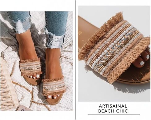 Women's Boho Flat Sandals Beaded Fringe Slide Slippers Ethnic Roman Summer Beach Shoes Casual Open Toe Slip On Flip Flops in Saudi Arabia