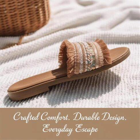 Women's Boho Flat Sandals Beaded Fringe Slide Slippers Ethnic Roman Summer Beach Shoes Casual Open Toe Slip On Flip Flops in Saudi Arabia
