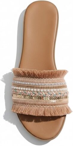 Women's Boho Flat Sandals Beaded Fringe Slide Slippers Ethnic Roman Summer Beach Shoes Casual Open Toe Slip On Flip Flops in Saudi Arabia