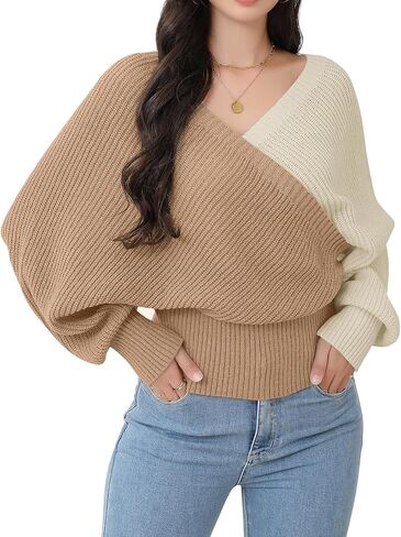 Women's Wrap V Neck Knit Sweaters Batwing Long Sleeve Cross Front Drop Shoulder Fall Pullover Tops in Saudi Arabia