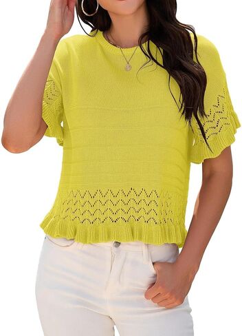 سترة نسائية قصيرة الأكمام من TASAMO سترة منسوجة برقبة دائرية بلوفر كروشيه مع حاشية مكشكشة وبلوزة صيفية مريحة غير رسمية in Kuwait