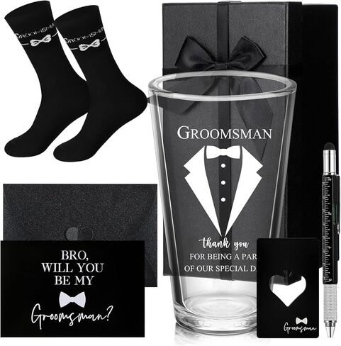 7 Pcs Groomsmen Gifts Wedding Proposal Gift 16 oz Beer Glass Cup Bottle Cap Opener Socks Multi Tool Ballpoint Pen with Greeting Card Black Envelope Gift Box (Best Man) in Kuwait