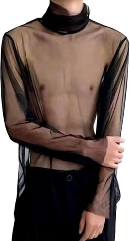 Men's See-Through Turtleneck Mesh T-Shirt Slim Fit Long Sleeve Sexy Undershirts Party Club Muscle Blouse Tops in Saudi Arabia