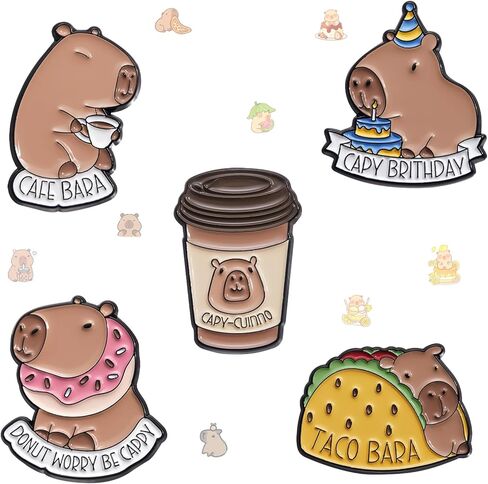 5Pcs Cartoon Capybara Brooch, Cute Animal Enamel Pin, Birthday Cake Donut Coffee Corn Roll Lapel Pin Alloy Backpack Pin Enamel Badge Suitable for Daily Decoration Clothes Sweater Hat Bag Collection Party Gift in Kuwait
