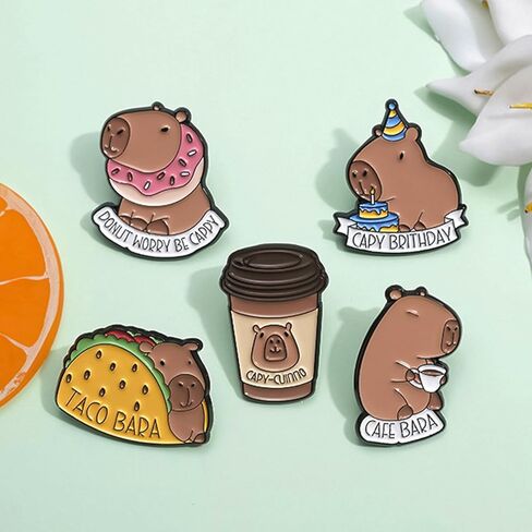5Pcs Cartoon Capybara Brooch, Cute Animal Enamel Pin, Birthday Cake Donut Coffee Corn Roll Lapel Pin Alloy Backpack Pin Enamel Badge Suitable for Daily Decoration Clothes Sweater Hat Bag Collection Party Gift in Kuwait