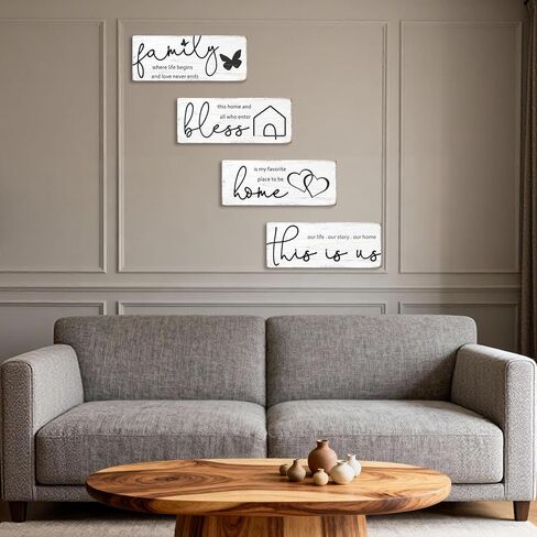 4 Pieces Rustic Wooden Signs Set with Inspirational Quotes, Farmhouse Room & Wall Decor for Home, “Bless" “Family Where Life Begins" Wooden Plaques for Kitchen Living Room in Kuwait