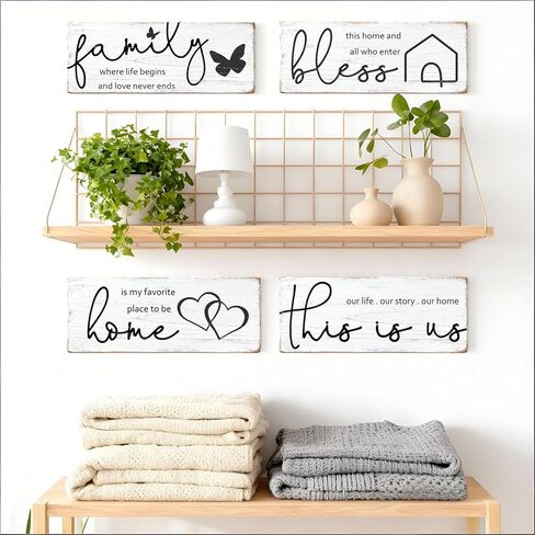 4 Pieces Rustic Wooden Signs Set with Inspirational Quotes, Farmhouse Room & Wall Decor for Home, “Bless" “Family Where Life Begins" Wooden Plaques for Kitchen Living Room in Kuwait
