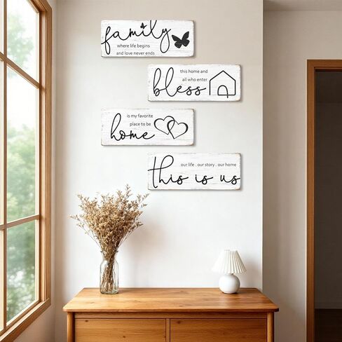 4 Pieces Rustic Wooden Signs Set with Inspirational Quotes, Farmhouse Room & Wall Decor for Home, “Bless" “Family Where Life Begins" Wooden Plaques for Kitchen Living Room in Kuwait