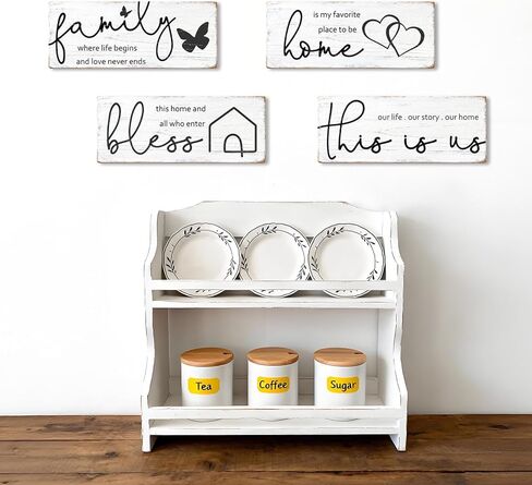 4 Pieces Rustic Wooden Signs Set with Inspirational Quotes, Farmhouse Room & Wall Decor for Home, “Bless" “Family Where Life Begins" Wooden Plaques for Kitchen Living Room in Kuwait