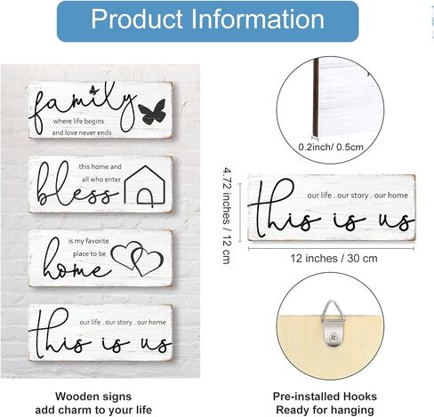 4 Pieces Rustic Wooden Signs Set with Inspirational Quotes, Farmhouse Room & Wall Decor for Home, “Bless" “Family Where Life Begins" Wooden Plaques for Kitchen Living Room in Kuwait