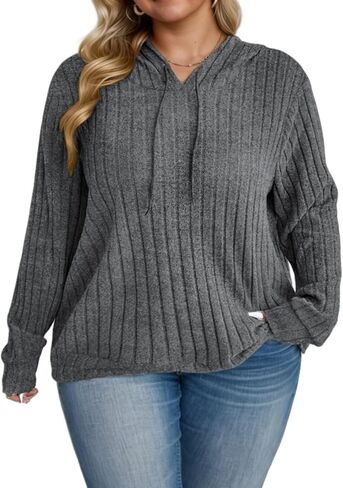 DOLNINE Plus-Size-Hoodies for Women Fall Dressy Hooded Sweatshirt Lightweight Long Sleeve Ribbed Knit Pullover Sweaters in Saudi Arabia