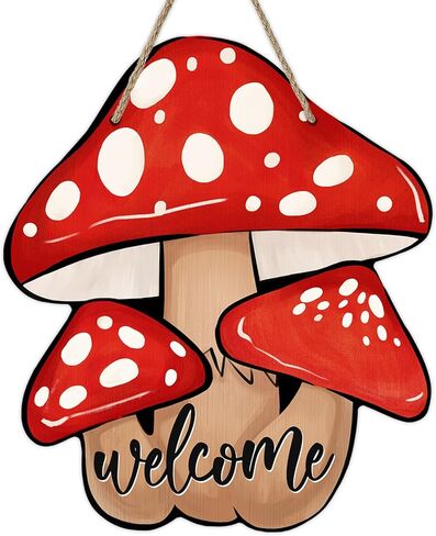 deroro ترحيب سقوط الفطر علامة لديكور الباب الأمامي، الخريف الجاموس منقوشة الاختيار القوس الخشب الباب شماعات للشرفة الخارجية في الهواء الطلق، إكليل خشبي موسمي داخلي الجدار شنقا الديكور in Kuwait