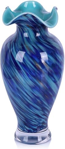 12.2H Murano Hand Blown Glass Vase, Ruffled Scalloped Rim Wide Mouth Colorful Decorative Flower Vase, Large Glass Centerpiece for Living Room, Bathroom, Office, Bookshelf, Entryway,Mantel Decor(Blue) in Saudi Arabia