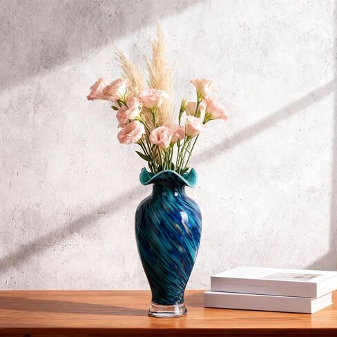 12.2H Murano Hand Blown Glass Vase, Ruffled Scalloped Rim Wide Mouth Colorful Decorative Flower Vase, Large Glass Centerpiece for Living Room, Bathroom, Office, Bookshelf, Entryway,Mantel Decor(Blue) in Saudi Arabia