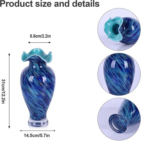 12.2H Murano Hand Blown Glass Vase, Ruffled Scalloped Rim Wide Mouth Colorful Decorative Flower Vase, Large Glass Centerpiece for Living Room, Bathroom, Office, Bookshelf, Entryway,Mantel Decor(Blue) in Saudi Arabia