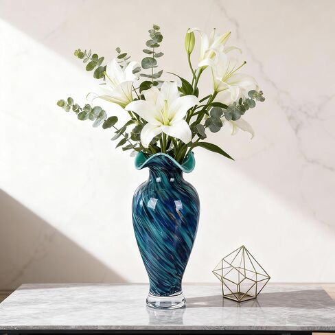 12.2H Murano Hand Blown Glass Vase, Ruffled Scalloped Rim Wide Mouth Colorful Decorative Flower Vase, Large Glass Centerpiece for Living Room, Bathroom, Office, Bookshelf, Entryway,Mantel Decor(Blue) in Saudi Arabia