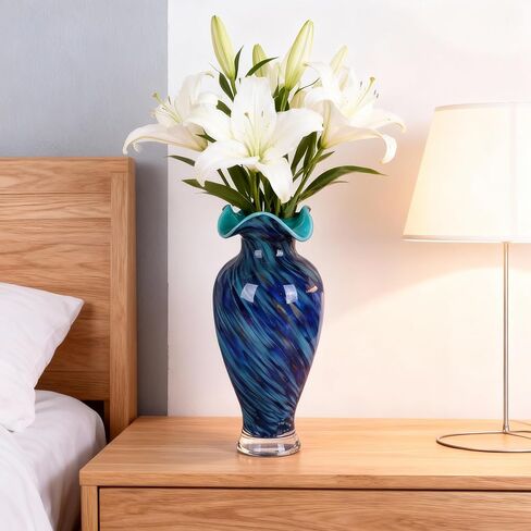 12.2H Murano Hand Blown Glass Vase, Ruffled Scalloped Rim Wide Mouth Colorful Decorative Flower Vase, Large Glass Centerpiece for Living Room, Bathroom, Office, Bookshelf, Entryway,Mantel Decor(Blue) in Saudi Arabia