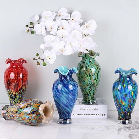 12.2H Murano Hand Blown Glass Vase, Ruffled Scalloped Rim Wide Mouth Colorful Decorative Flower Vase, Large Glass Centerpiece for Living Room, Bathroom, Office, Bookshelf, Entryway,Mantel Decor(Blue) in Saudi Arabia